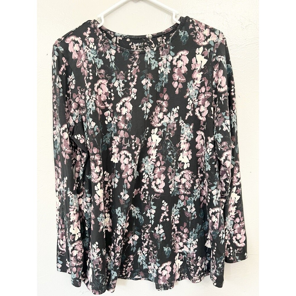 Pure Jill shirttail Tee top Tunic  Pima Cotton Size large Black Floral Stretch